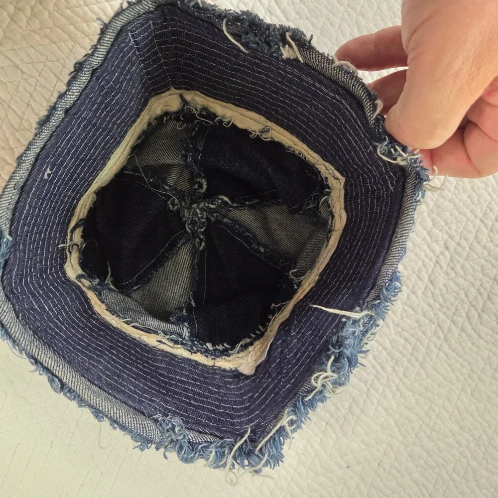 Marithe Francois Girbaud Vintage Denim Patchwork Bucket Hat Blue Frayed Edge